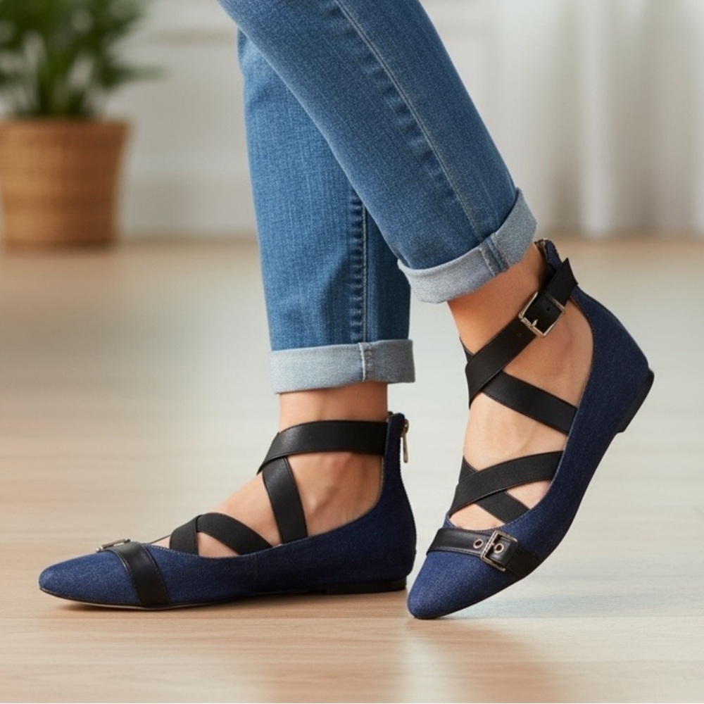 NINE WEST 8.5 Denim Blue Flats Black Straps Ankle Zip Smoak  R $99